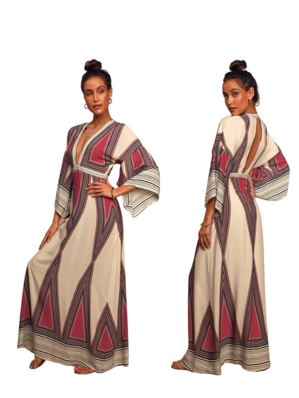 Lulu's Cream and Dusty Rose Geometric Maxi Dress